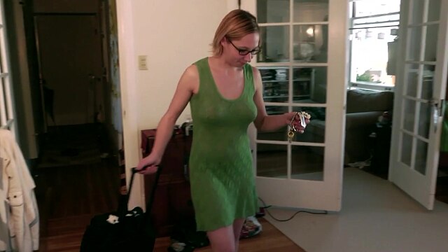 Once home the lesbian blonde pounces on her in hopes of using her strapon on her shaved pussy