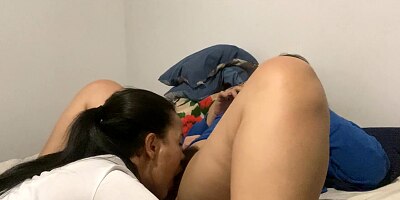Lesbian girl sucks my hairy pussy and makes me have many orgasms