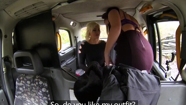 Female Fake Taxi Drivers dildo results in squirting lesbian orgasms in taxi