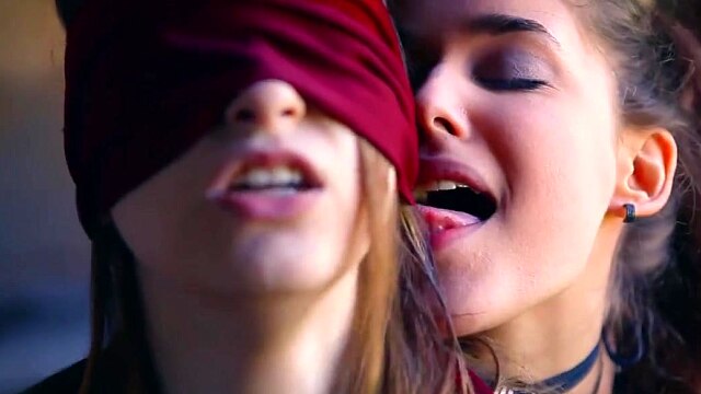 Straight girl is blindfolded by lesbian before she orgasms