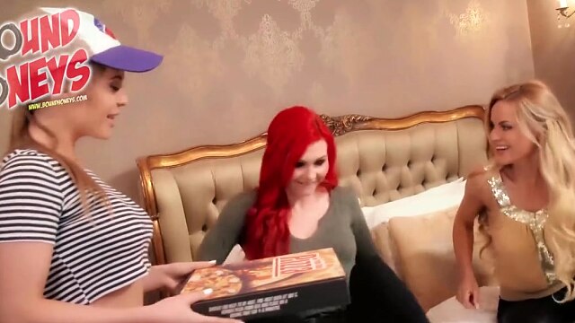 Pizza bondage fuck! Stunning brunette delivery girl rides a Sybian with two lesbians