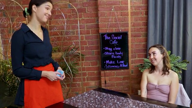 Hairy Girl Squirts during Lesbian Sex at the Cafe
