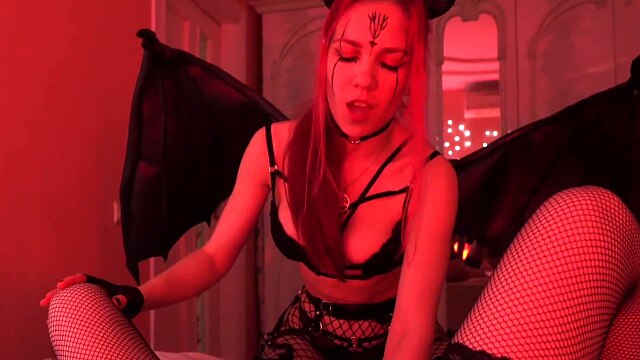 Femdom over demon slave, fucked with dildo and wearing nipple clamps - YourSofia