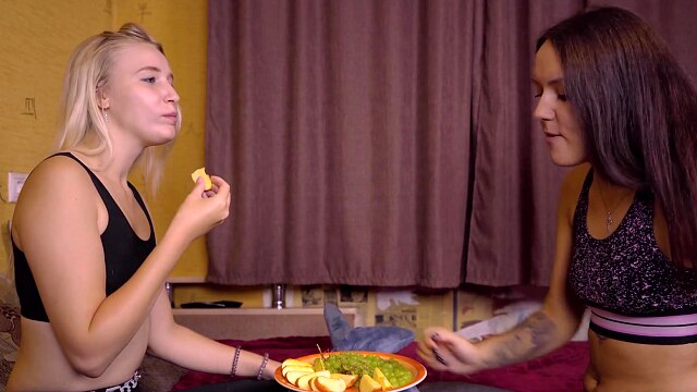 two athletic Russian lesbians after training decided to try a sex toy and scissoring position