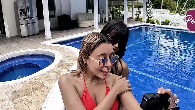 My stepsister convinces me to sunbathe naked and we end up fucking each other's pussies until we cum